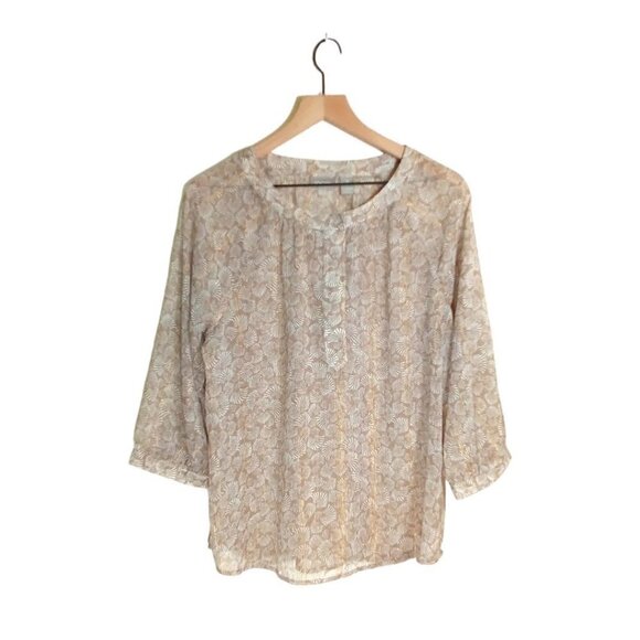 CHICOS Sheer Tan and Gold Sheer Round Neck 3/4 Sleeve Blouse Sz 2 - Picture 1 of 5